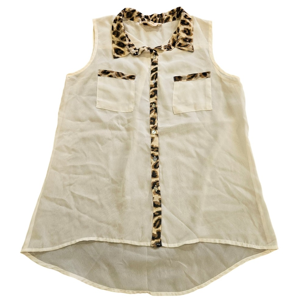 Pink‎ Rose Womens Sheer Cream Leopard Print Trim Sleeveless Button Up Blouse Med